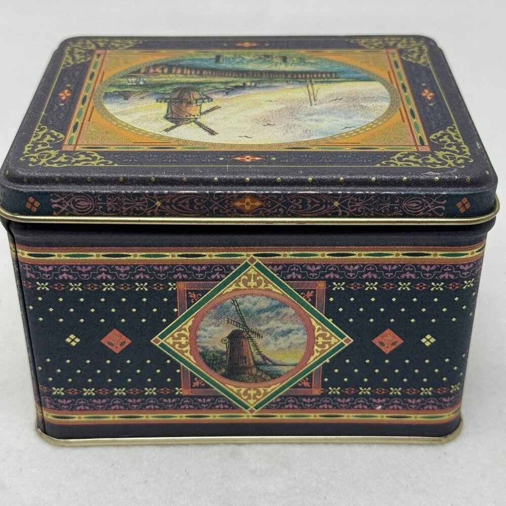 Vintage Square Tin Box Dutch Windmill Blue Gold Accents Lid Cottagecore Storage - Picture 5 of 9